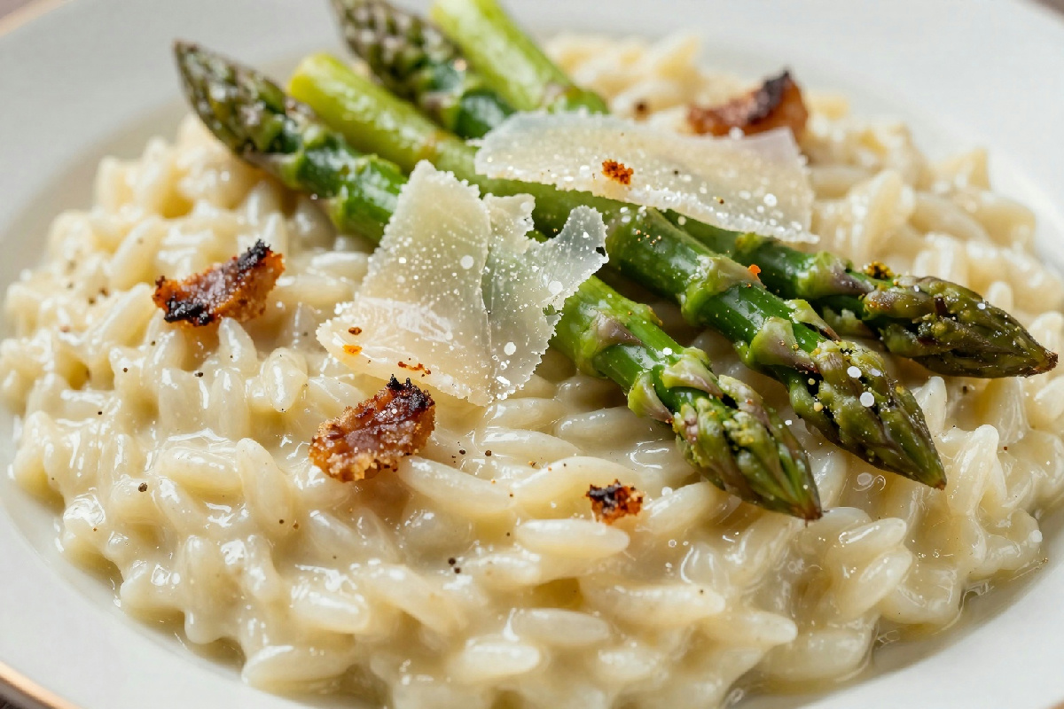 Risotto cremoso con asparagi freschi, pecorino stagionato e guanciale croccante tostato